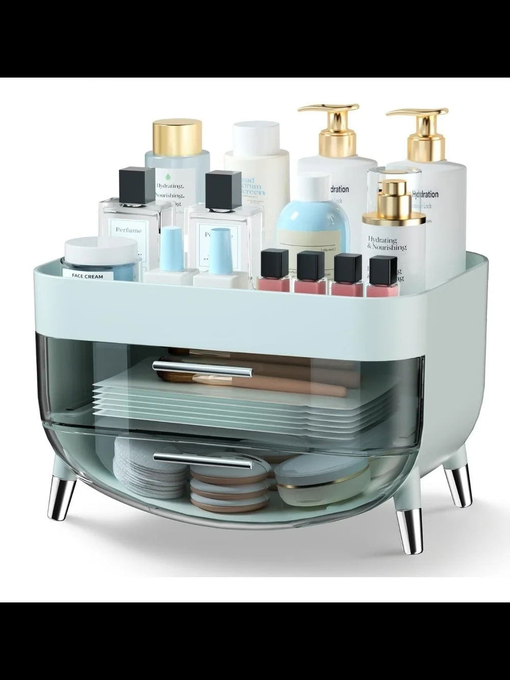 Multi-Compartment Mint Bathroom Organizer with Transparent Drawer